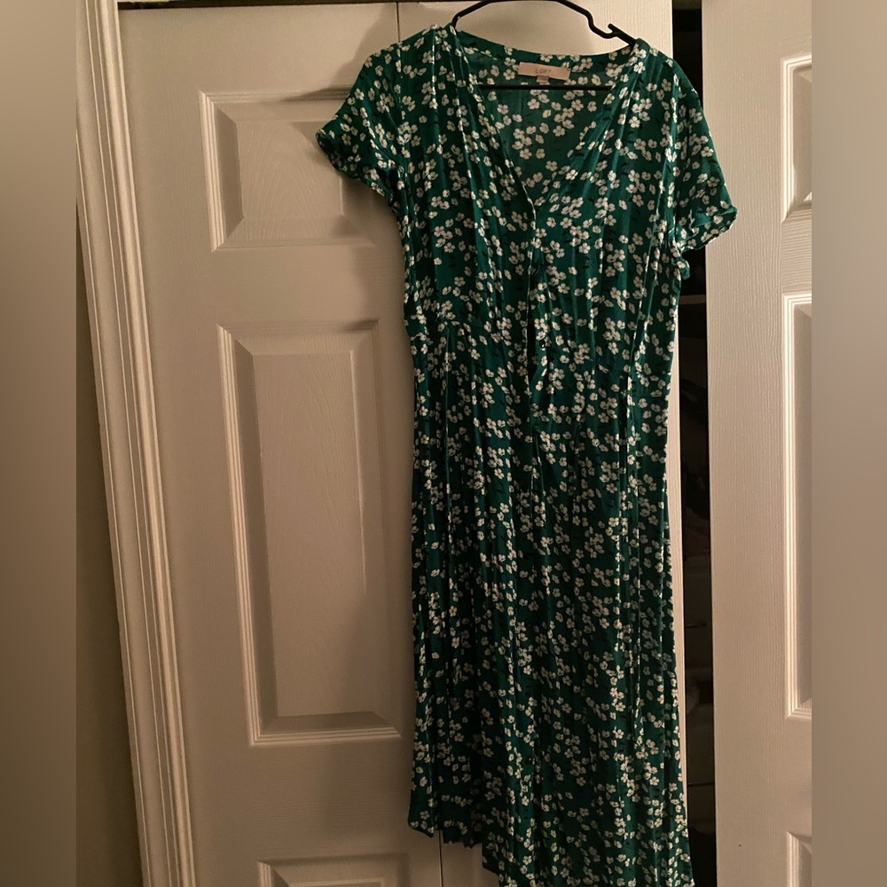 Loft midi green button dress with belt